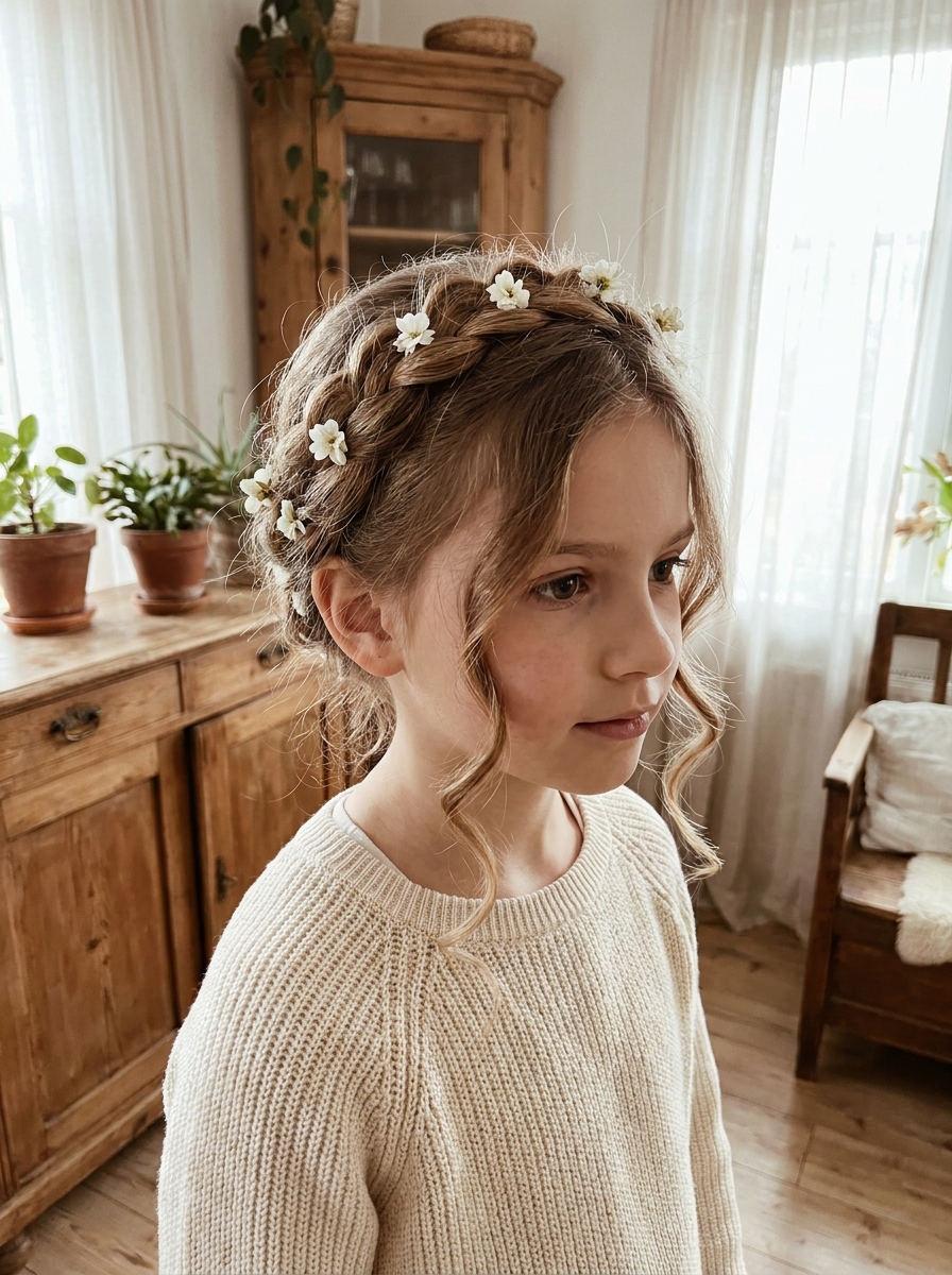 Zopfkrone mit offenen Locken als Flechtfrisuren für Kinder Inspiration 2026